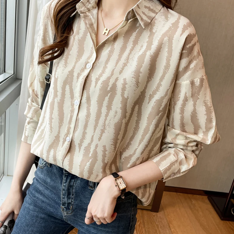 

Women Chiffon Blouse Office Lady Tops New Autumn Fashion Striped Shirt Korean Elegant Turn Down Collar Long Sleeve Clothes 29365