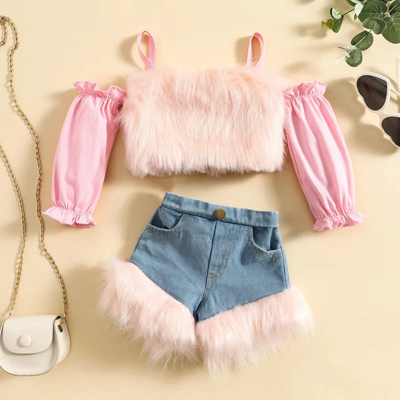 Toddler Girls Short Sets Plush Stitching Outfits Long Sleeve Cutout Shoulder Spaghetti Strap Crop Tops Side Pockets Denim Shorts
Toddler Girls Short Sets Plush Stitching Outfits Long Sleeve Cutout Shoulder Spaghetti Strap Crop Tops Side Pockets Denim Shorts