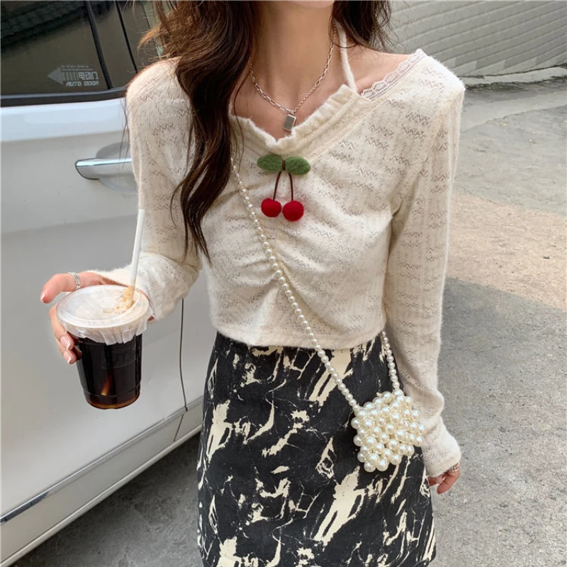 Deeptown Sweet Halter Beige Mesh Crop Tees Women Korean Fashion Lace Black Long Sleeve Top Y2k Fairycore Slim T-shirts Aesthetic
Deeptown Sweet Halter Beige Mesh Crop Tees Women Korean Fashion Lace Black Long Sleeve Top Y2k Fairycore Slim T-shirts Aesthetic