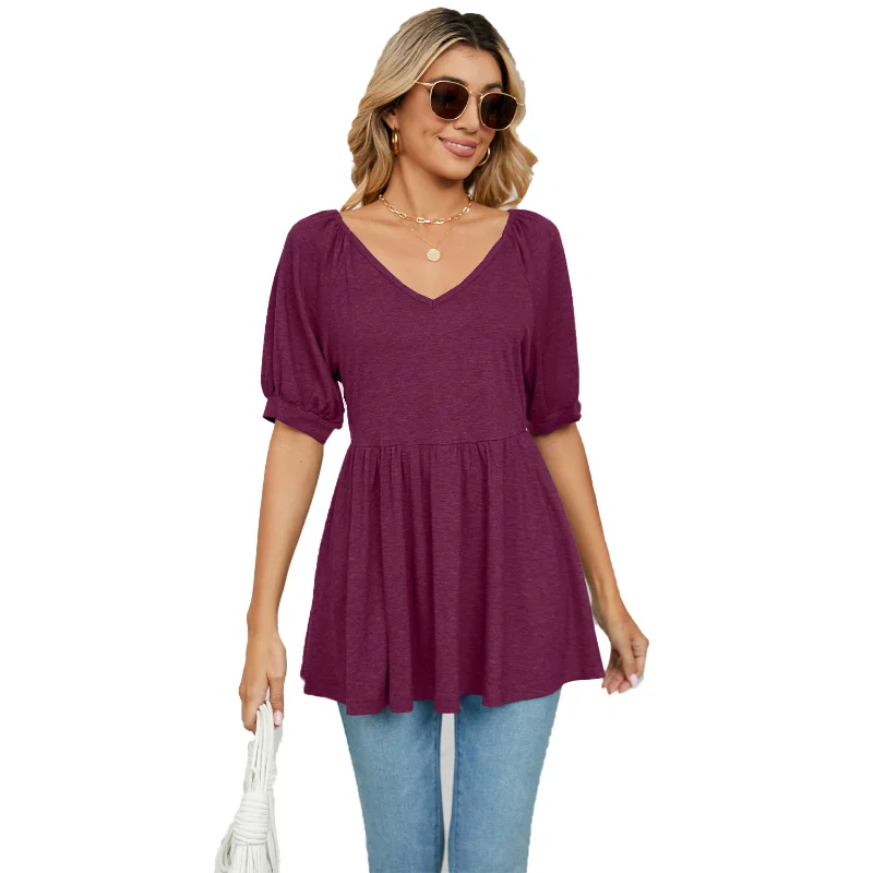 

Womens Summer Puff Short Sleeve Solid Color Tunic Top V-Neck Flared Ruffle Hem Swing Casual Loose Peplum Blouse T-Shirt