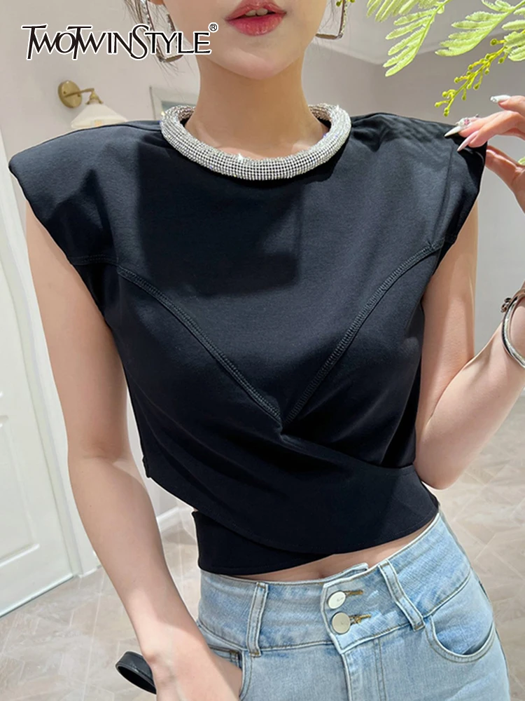TWOTWINSTYLE Patchwork Diamonds Black T Shirt For Women Round Neck Sleeveless Solid Minimalist T Shirts Female Summer Clothing
TWOTWINSTYLE Patchwork Diamonds Black T Shirt For Women Round Neck Sleeveless Solid Minimalist T Shirts Female Summer Clothing
