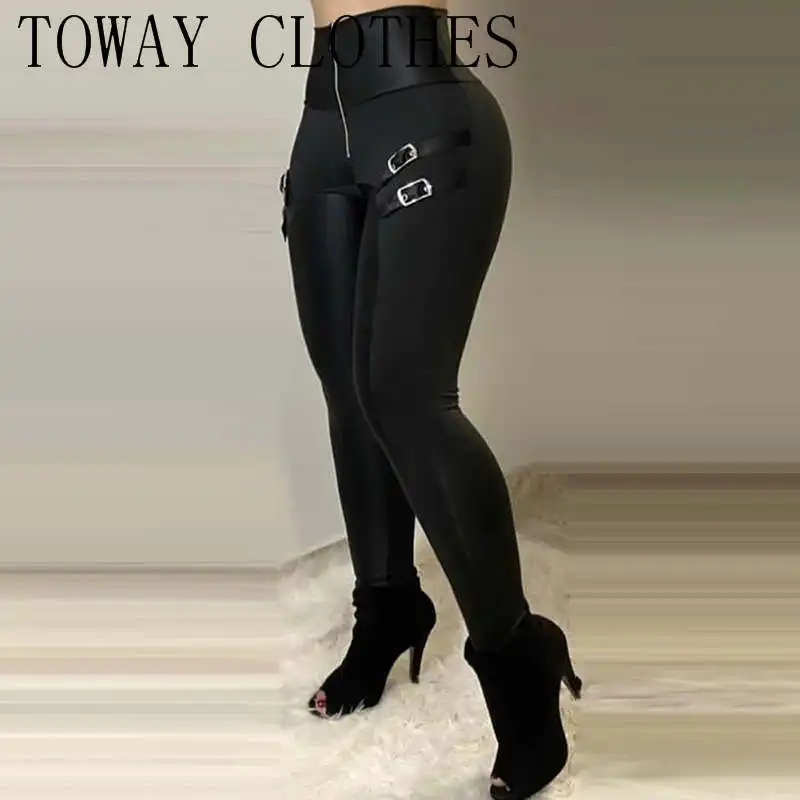 

Solid Color Plain Zipper Design Eyelet Buckled High Waist Pants Women Chic Skinny Pants For Women 2021