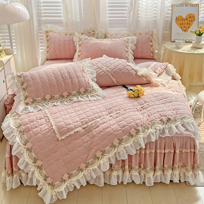 Pink Korean Princess Style Bedding Set Flowers Lace Ruffles Embroidery Quilted Thick Duvet Cover Bedspread Bed Skirt Pillowcases
Pink Korean Princess Style Bedding Set Flowers Lace Ruffles Embroidery Quilted Thick Duvet Cover Bedspread Bed Skirt Pillowcases