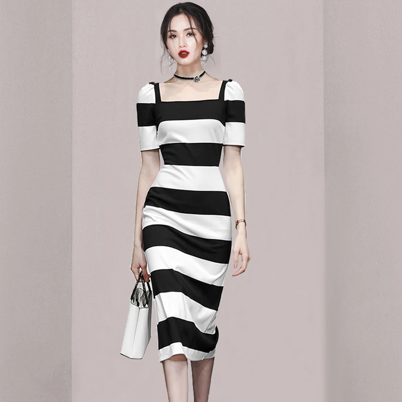 Women's Summer New Korean High End Style Square Neck Short Sleeve Black and White Contrast Stripe Waist Wrapped Fashion Dress
Women's Summer New Korean High End Style Square Neck Short Sleeve Black and White Contrast Stripe Waist Wrapped Fashion Dress