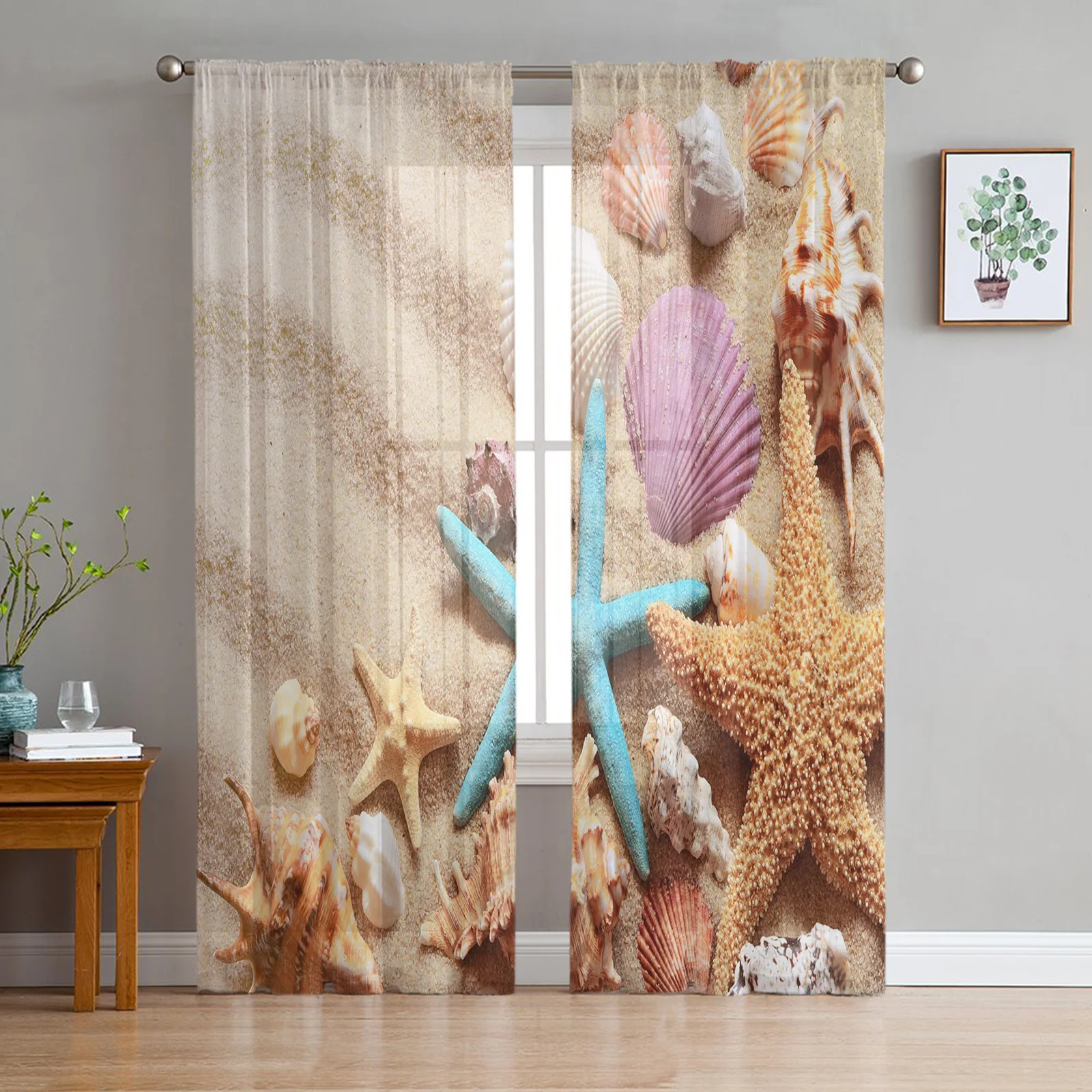 

Beach Seashell Starfish Conch Sheer Curtain for Living Room Bedroom Voile Drape Kitchen Window Tulle Curtains Home Essentials