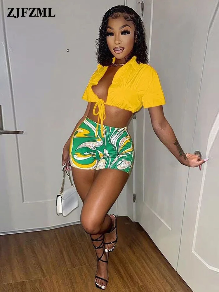 Vintage Beachwear Two Piece Sets Women Turn Down Collar Short Sleeve Crop Blouse Tops+casual Print Biker Short Female Tracksuit
Vintage Beachwear Two Piece Sets Women Turn Down Collar Short Sleeve Crop Blouse Tops+casual Print Biker Short Female Tracksuit