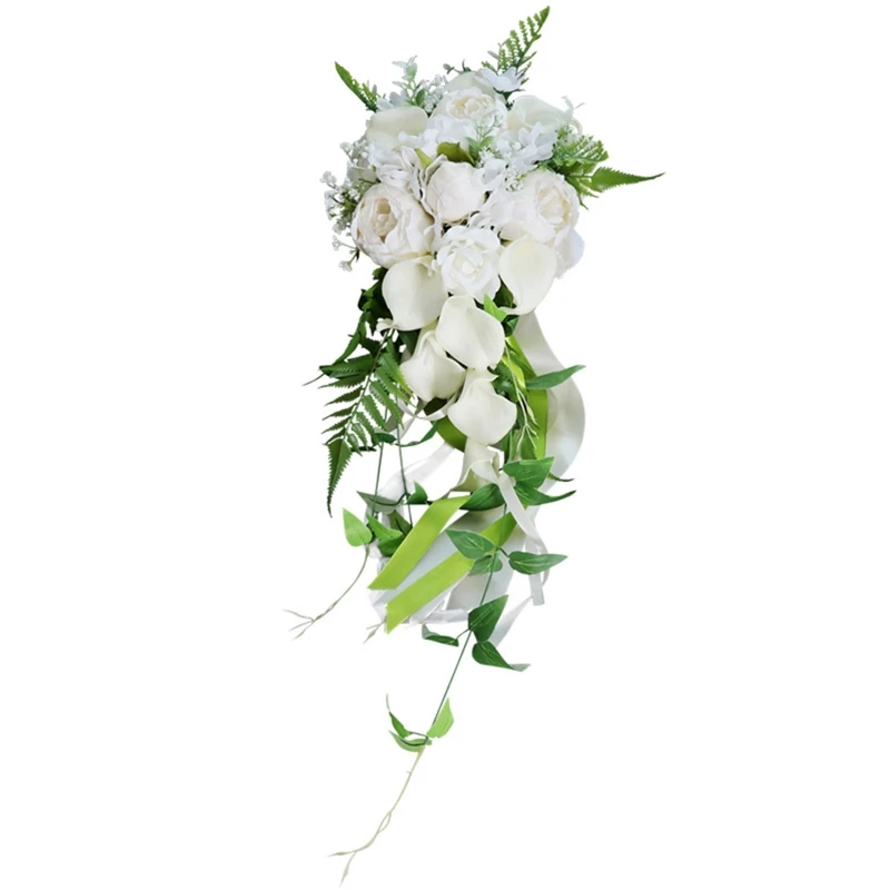 

Wedding Bridal Bouquet Cascading Waterfall Artificial Callalily Ivory White Holding Flowers with Greenery Leaves Romantic Church