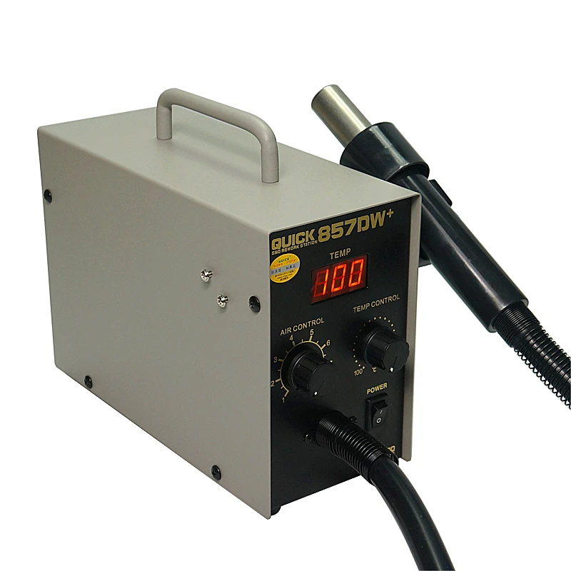 850W Adjustable QUICK 857DW+ Soldering Station Hot Air Gun Rework Station with Heater Helical Wind Air Gun SMD Welding Equipment
850W Adjustable QUICK 857DW+ Soldering Station Hot Air Gun Rework Station with Heater Helical Wind Air Gun SMD Welding Equipment