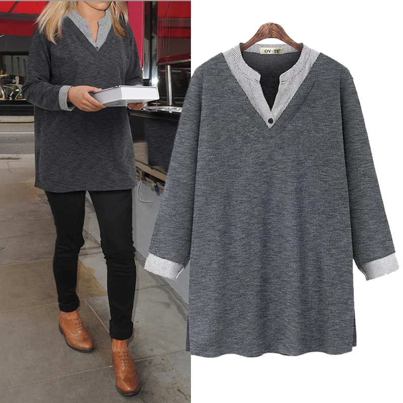Spring Women Blouse Contrast Cor Fake Two Long Sleeve Shirts V Neck Loose Blouses Plus Size Camisa Feminina Clothing
Spring Women Blouse Contrast Cor Fake Two Long Sleeve Shirts V Neck Loose Blouses Plus Size Camisa Feminina Clothing