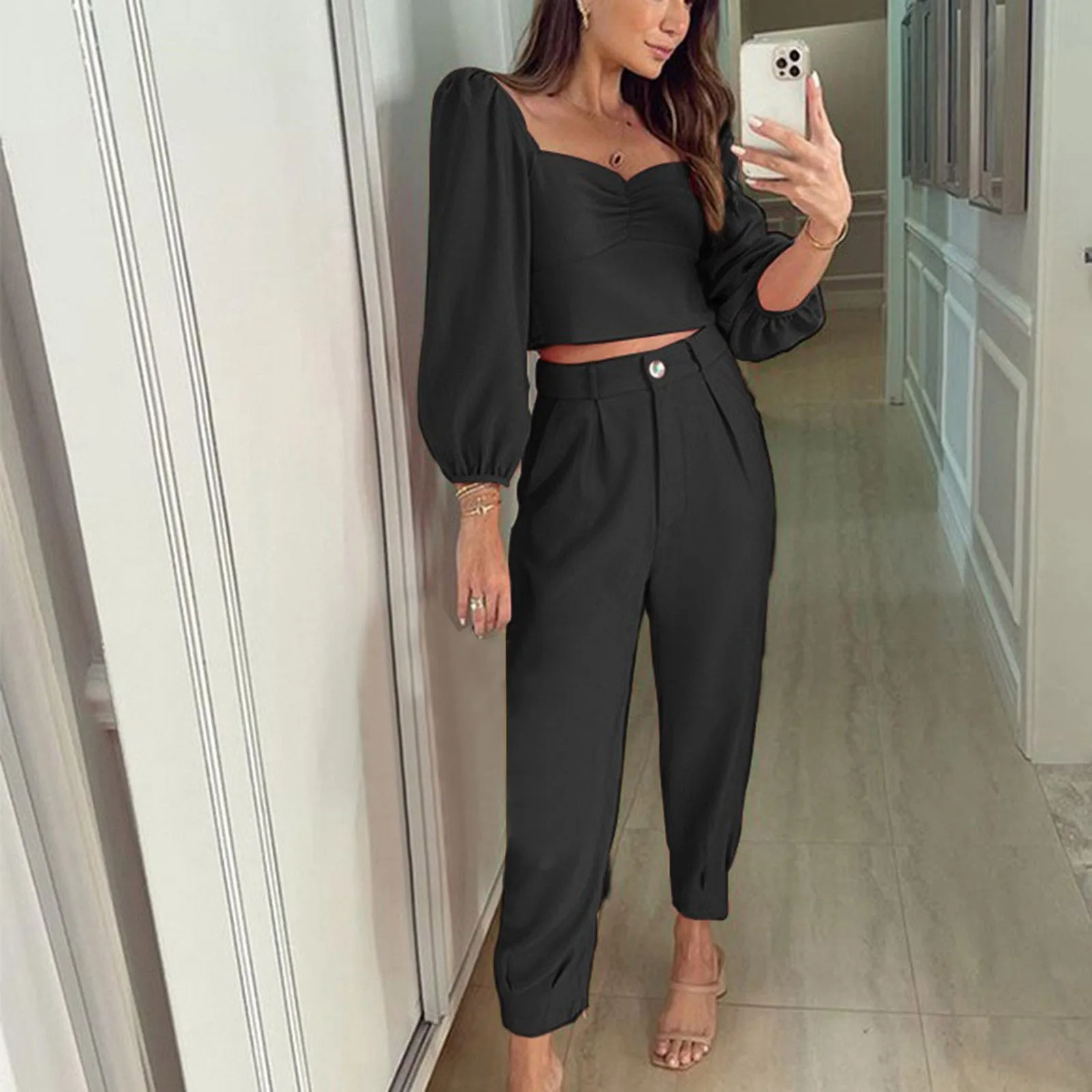 Women'S Autumn And Winter Suit Long Sleeved Slim Short Puff Sleeves Blouse Loose Solid Color Vintage Casual Pants Two Piece Suit
Women'S Autumn And Winter Suit Long Sleeved Slim Short Puff Sleeves Blouse Loose Solid Color Vintage Casual Pants Two Piece Suit
