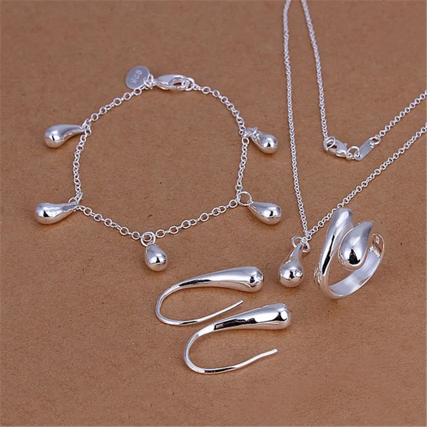 Hot 100% 925 Stamp Silver color Water drop Pendant Bracelet necklace earrings rings Jewelry sets for women Fashion Party Gifts 
Hot 100% 925 Stamp Silver color Water drop Pendant Bracelet necklace earrings rings Jewelry sets for women Fashion Party Gifts
