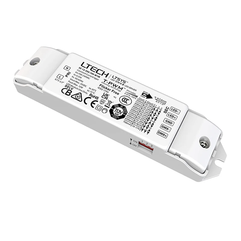 

LTECH New CC DMX Dimming Driver AC 100V-240V Input 350mA-700mA 12W Constant Current Output DMX512 Driver SE-12-350-700-W1M