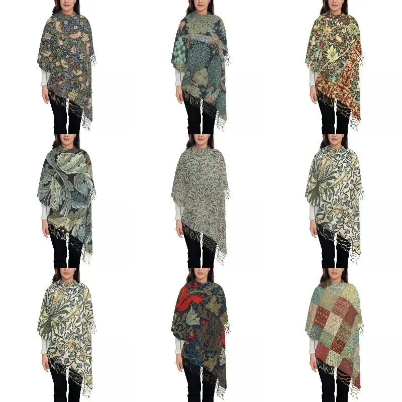 

William Morris Vintage Willow Bough Tassel Scarf Women Soft Floral Textile Pattern Shawls Wraps Lady Winter Fall Scarves