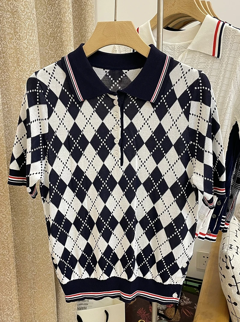 TB plaid ice silk sweater T-shirt top female college style British style POLO shirt summer short sleeve
TB plaid ice silk sweater T-shirt top female college style British style POLO shirt summer short sleeve