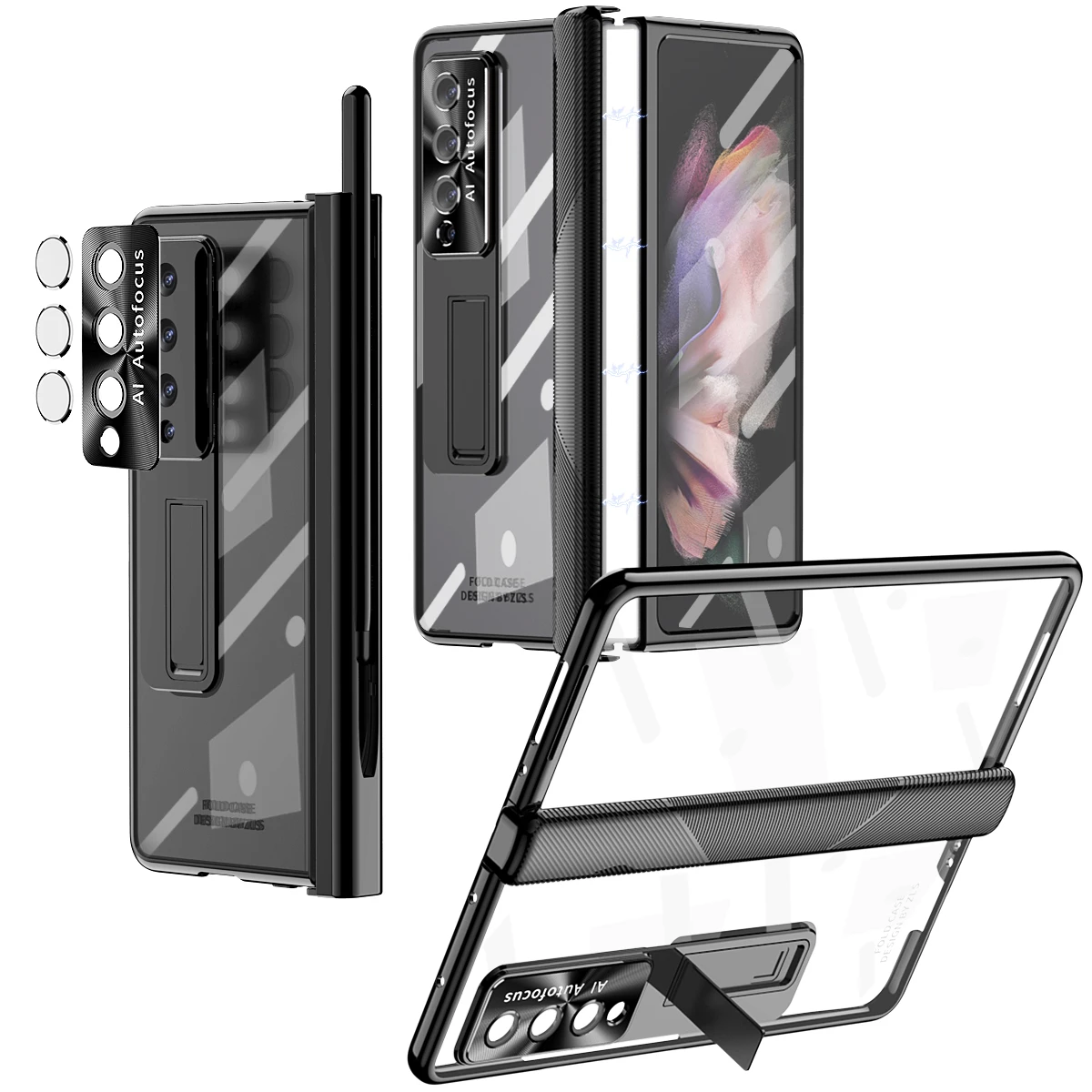 

Electroplated Holder Magnetic Hinge Full Cover For Samsung Galaxy Z Fold4 Fold 4 3 Transparent Glossy Armor Case Glass Protector