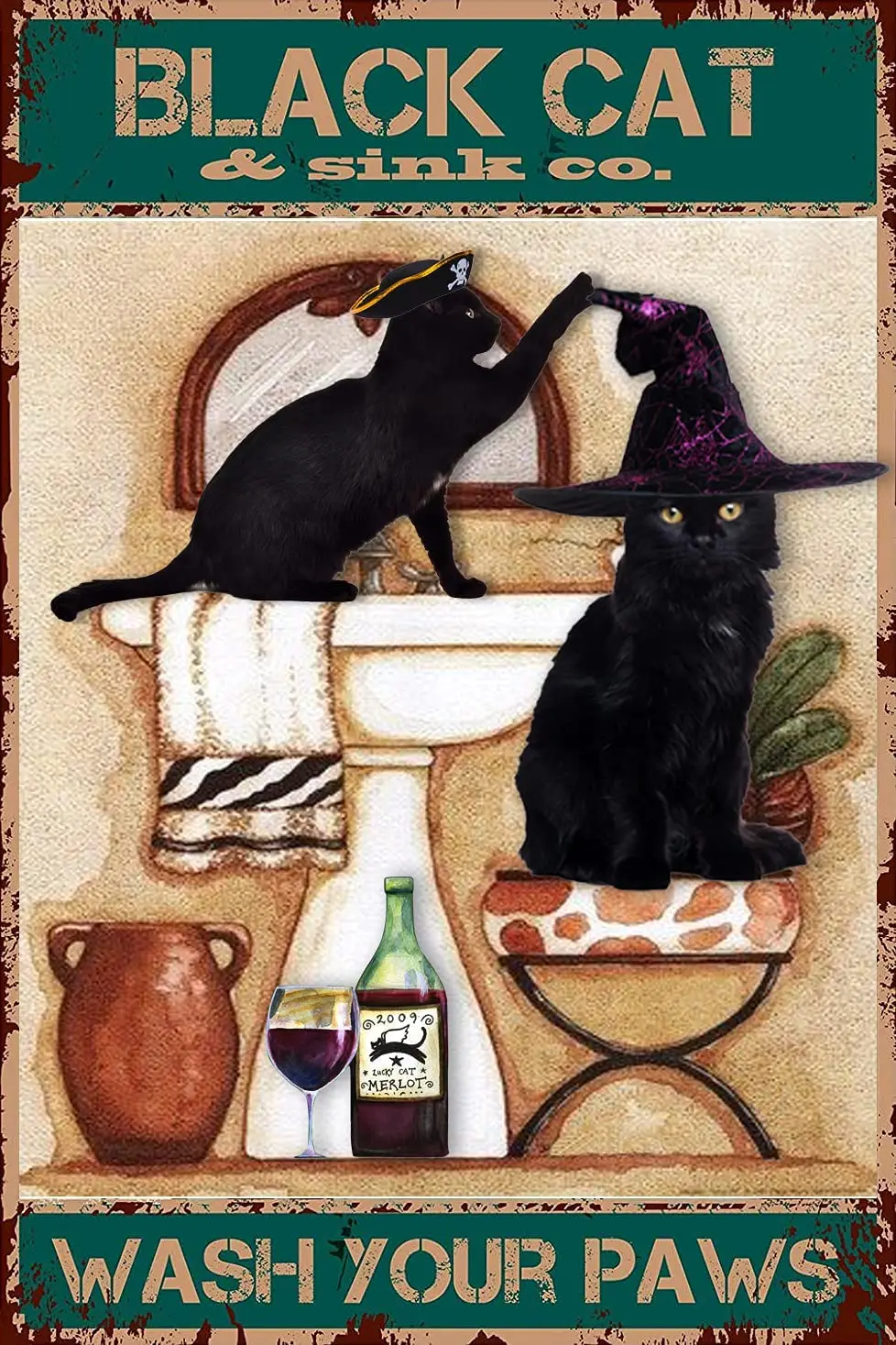 

Black Cat Sign Wearing Witch Halloween Hat Home Wall Decoration Metal Plaques 12" X 8"in