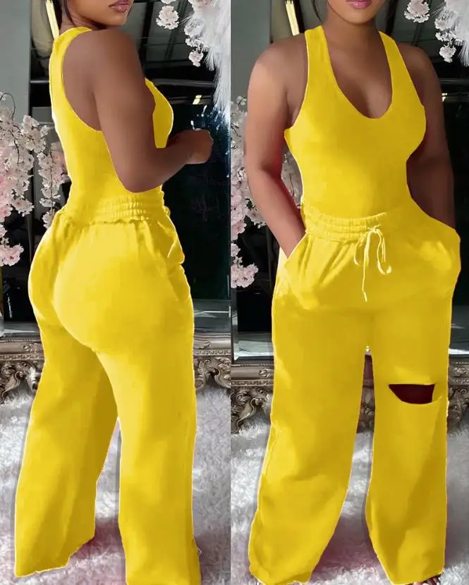 Tow Piece Set for Women Summer 2023 Plain U-Neck Sleeveless Bodysuit & Casual Drawstring Cutout Wide Leg Pants Set Streetwear
Tow Piece Set for Women Summer 2023 Plain U-Neck Sleeveless Bodysuit & Casual Drawstring Cutout Wide Leg Pants Set Streetwear