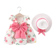 Baby Dress Lovely Summer Infant Baby Girl Clothes Big Bow Thin Sleeveless Cotton Toddler Dresses Sunhat Newborn Clothing Set