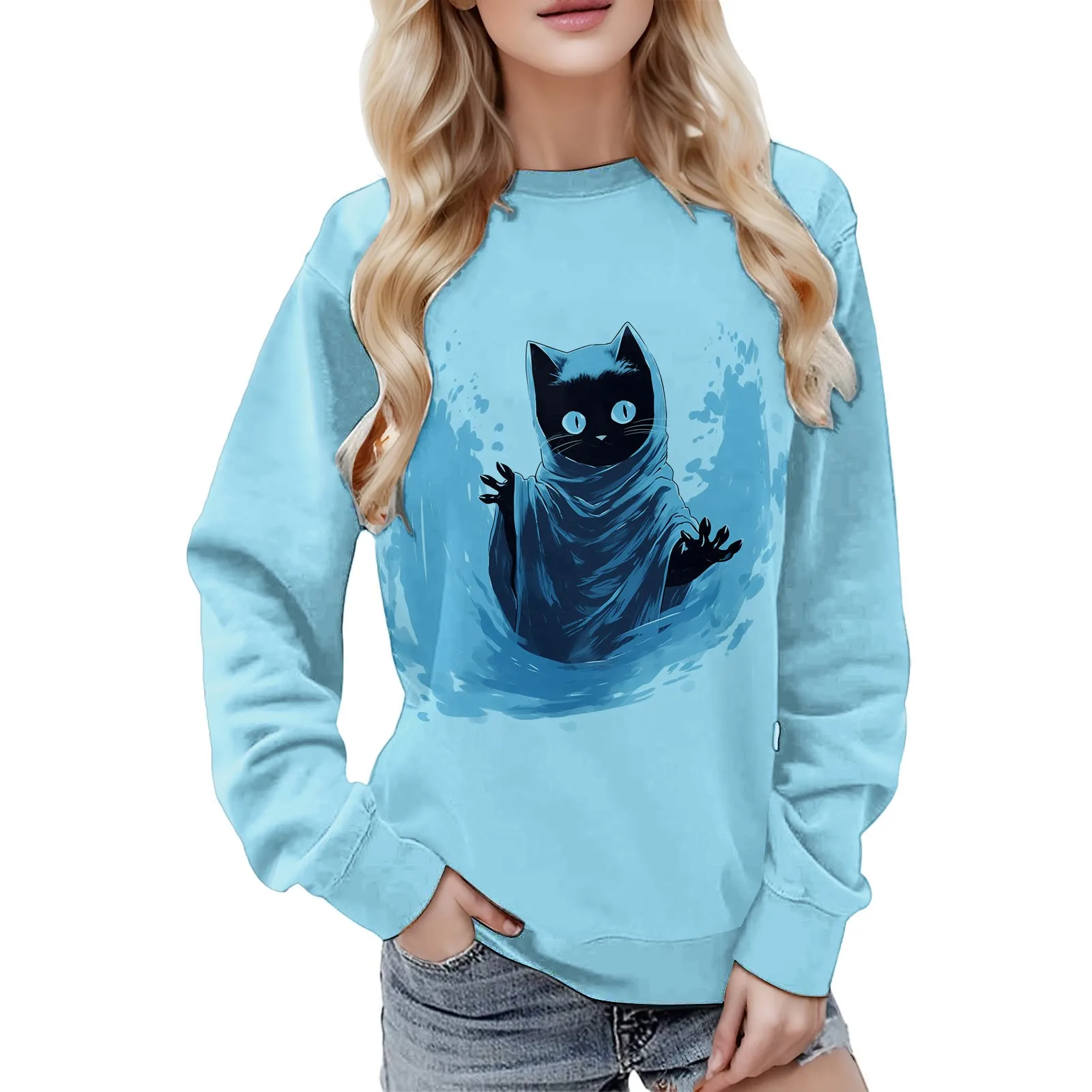 Women Cat Print Hoodless Sweatshirts Round Neck Long Sleeves Pullover Tops Halloween Oversize Fashion Causal Loose Sport Shirts
Women Cat Print Hoodless Sweatshirts Round Neck Long Sleeves Pullover Tops Halloween Oversize Fashion Causal Loose Sport Shirts