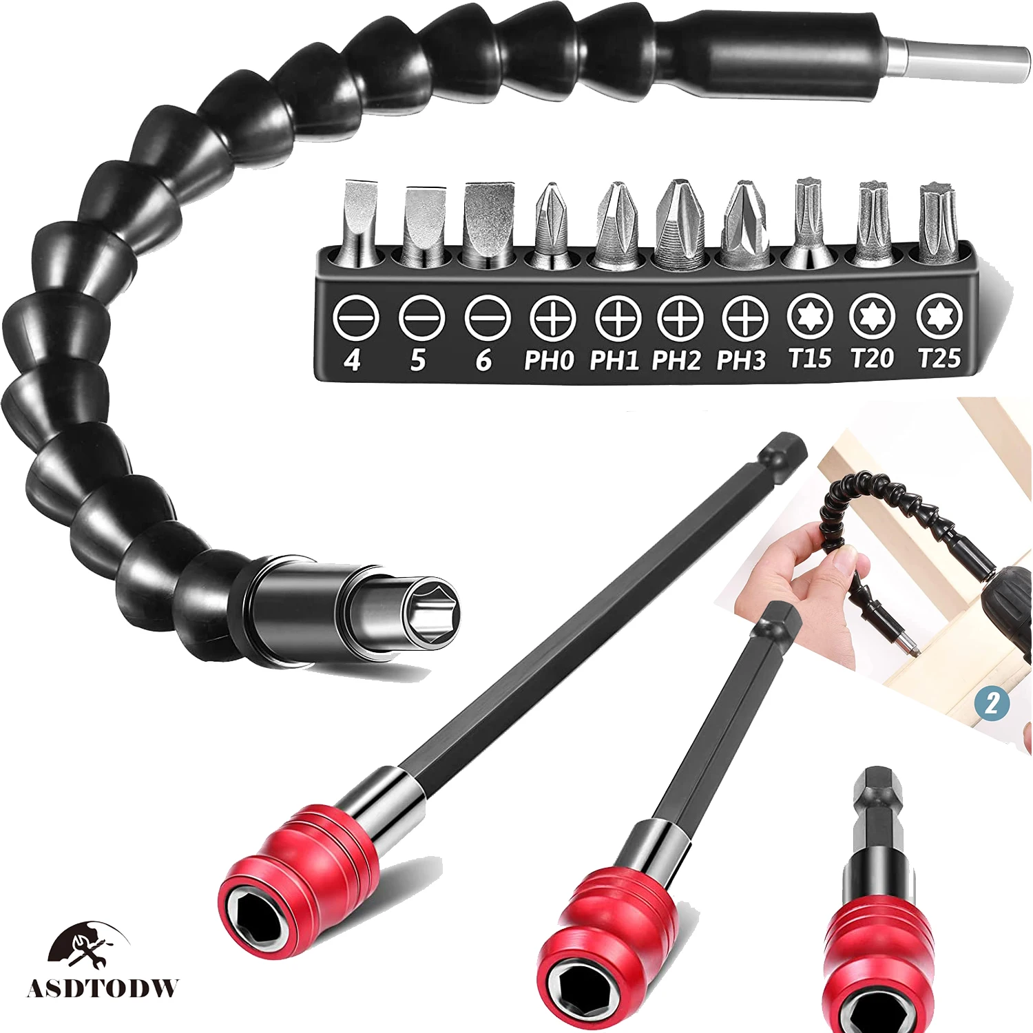 Bendable Flexible Drill Bit Extension, 3 Pcs Quick Release Magnetic Drill Bit Holder Tool Kit , 10 Pcs Screwdriver Bit Set
Bendable Flexible Drill Bit Extension, 3 Pcs Quick Release Magnetic Drill Bit Holder Tool Kit , 10 Pcs Screwdriver Bit Set