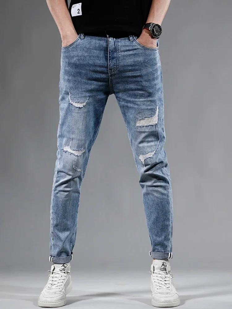 High Street Ripped Jeans Men Summer Lightweight Light Blue Slim Fit Patches Denim Pants
High Street Ripped Jeans Men Summer Lightweight Light Blue Slim Fit Patches Denim Pants
