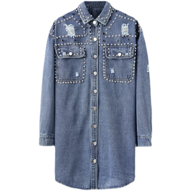 Loose denim shirt for commuting in autumn beaded and diamond studded shirt Turn-down Collar Long Pockets Thick (Winter)
Loose denim shirt for commuting in autumn beaded and diamond studded shirt Turn-down Collar Long Pockets Thick (Winter)