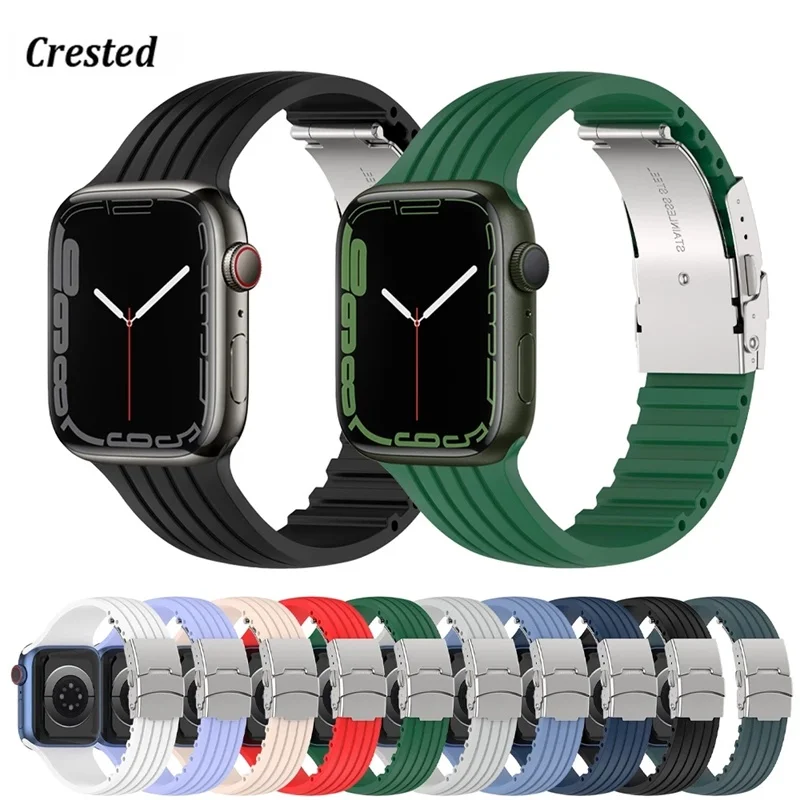 Metal Buckle Striped Silicone Strap for Apple Watch Series 7 6 5 4 SE 41mm 45mm 44mm 40mm 42mm 38mm) Watch Wristband for iWatch
Metal Buckle Striped Silicone Strap for Apple Watch Series 7 6 5 4 SE 41mm 45mm 44mm 40mm 42mm 38mm) Watch Wristband for iWatch