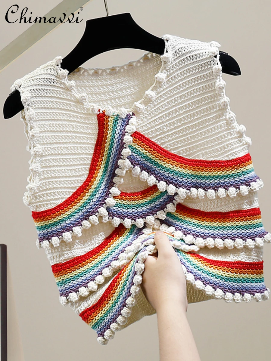 Fashion Rainbow Striped Stitching Irregular Pullover 2022 Early Autumn New Short Knitted Vest Elegatn Design Slim Women Tops
Fashion Rainbow Striped Stitching Irregular Pullover 2022 Early Autumn New Short Knitted Vest Elegatn Design Slim Women Tops