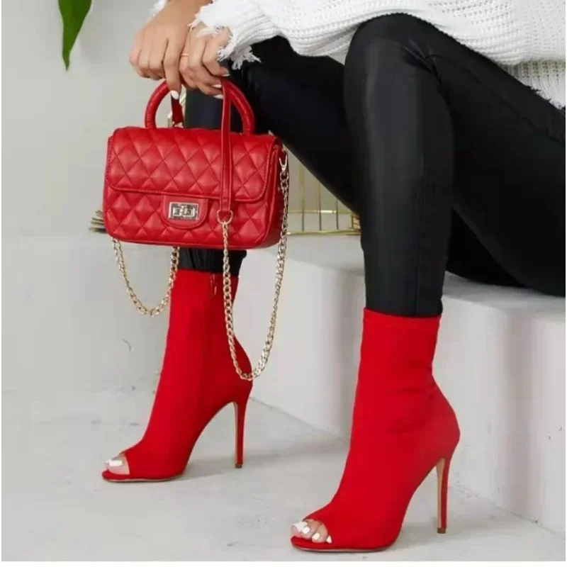 

Женские ботинки в европейском и американском стиле, эластичные тканевые Крутые ботинки с открытым носком на тонком высоком каблуке, модная обувь с высоким берцем, 2024