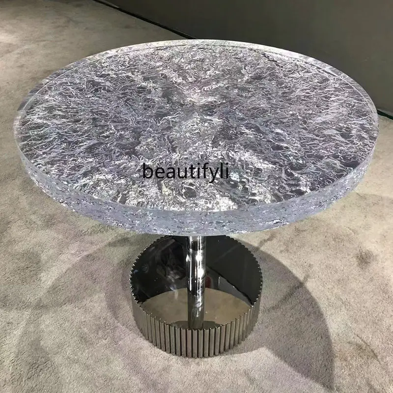 

yj Italian Minimalist Crystal Epoxy Resin Coffee Table Water Ripple Glass Stainless Steel Coffee Table