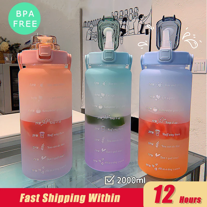 

2L Water Bottle With Time Marker For Girl Fitness Jugs Large Capacity Portable Sports Gym Big Drink Bottle With Straw BPA Free