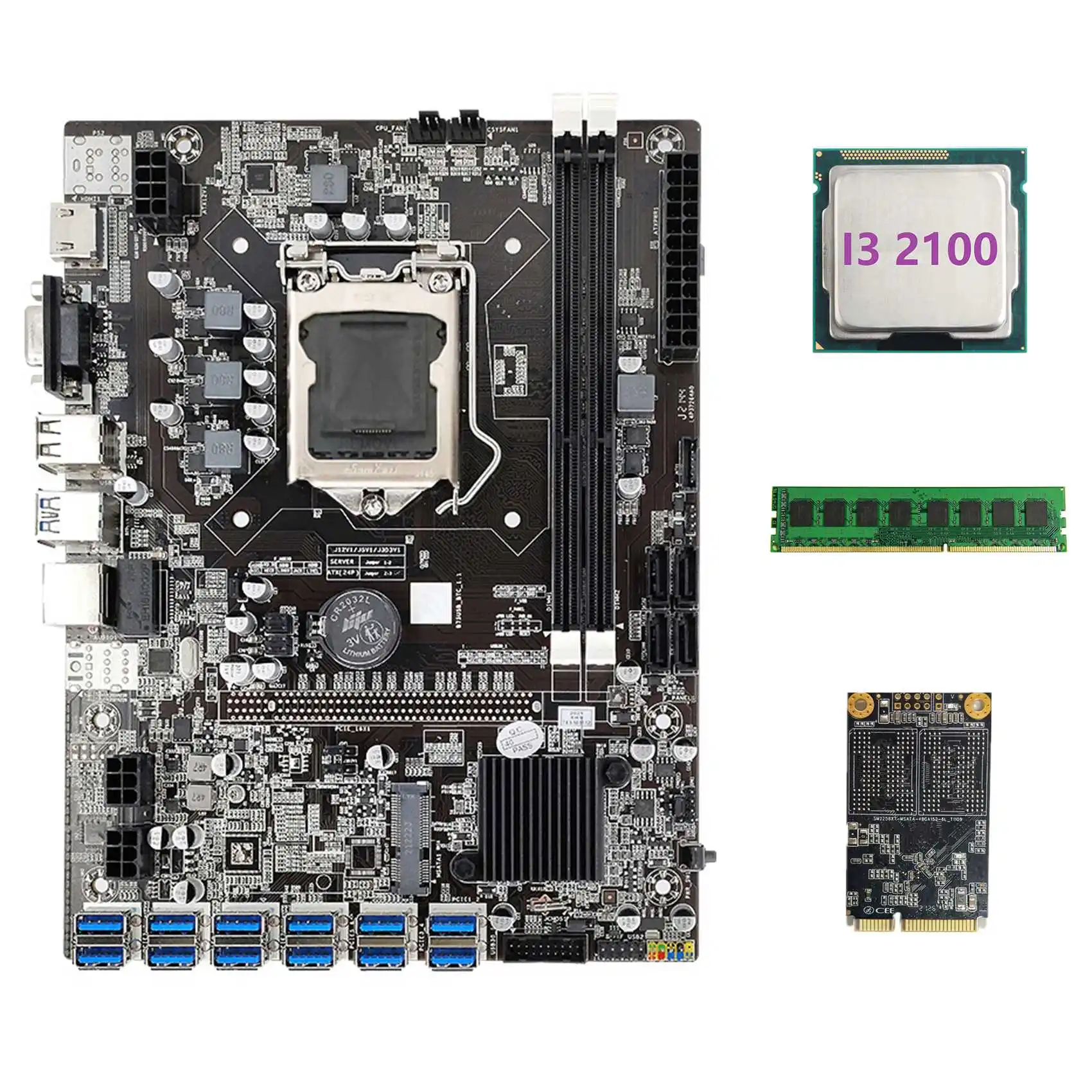 Материнская плата B75 BTC для майнинга 12 PCIE на USB3.0 + I3 2100 ЦП + DDR3 4 Гб 1600 МГц ОЗУ + 128 ГБ MSATA SSD B75 USB материнская плата для майнинга
Материнская плата B75 BTC для майнинга 12 PCIE на USB3.0 + I3 2100 ЦП + DDR3 4 Гб 1600 МГц ОЗУ + 128 ГБ MSATA SSD B75 USB материнская плата для майнинга