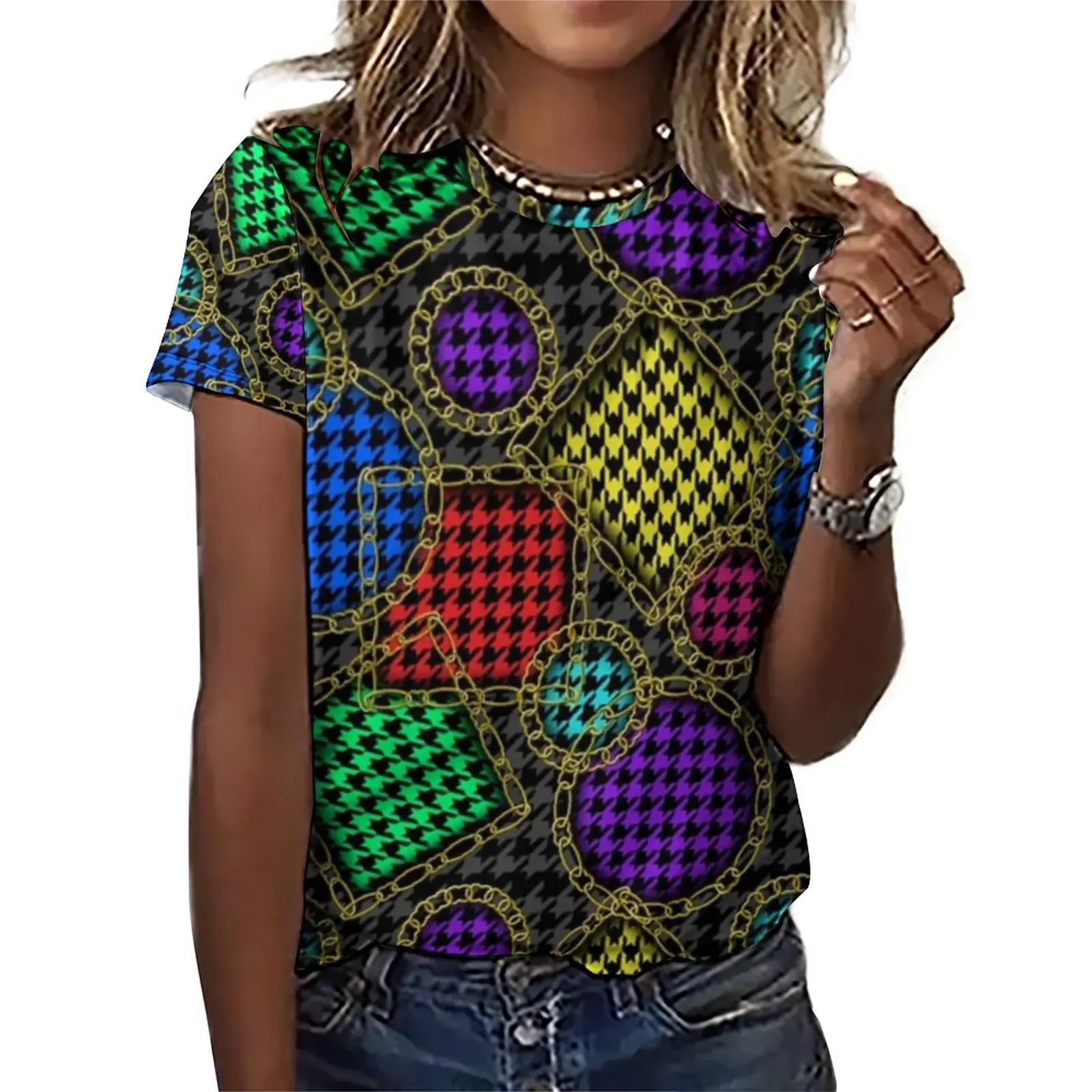 Golden Chains Print T-Shirts Colorful Houndstooth Street Style T-Shirt Short Sleeves Trendy Oversized Tee Shirt Beach Clothing
Golden Chains Print T-Shirts Colorful Houndstooth Street Style T-Shirt Short Sleeves Trendy Oversized Tee Shirt Beach Clothing