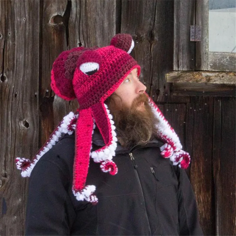 

Octopus Beard Hand Weave Knit Wool Hats Men Christmas Cosplay Party Funny Tricky Headgear Winter Warm Couples Beanies Cap