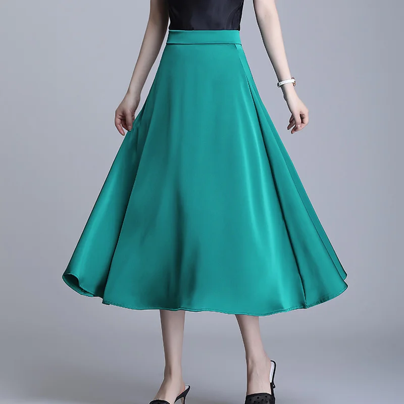 

Spring Soft Drape Silk A-line Long Flared Satin Skirts Solid Green Pink Elegant Calf Length Chiffon Skirts