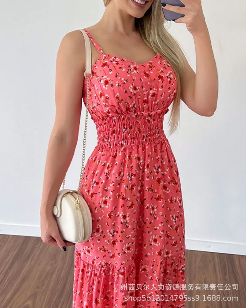 

Women Long Maxi Dress Sleeveless V Neck Sexy Ditsy Floral Print Shirred Cami Maxi Dress Party Evening High Waist Ankle Length