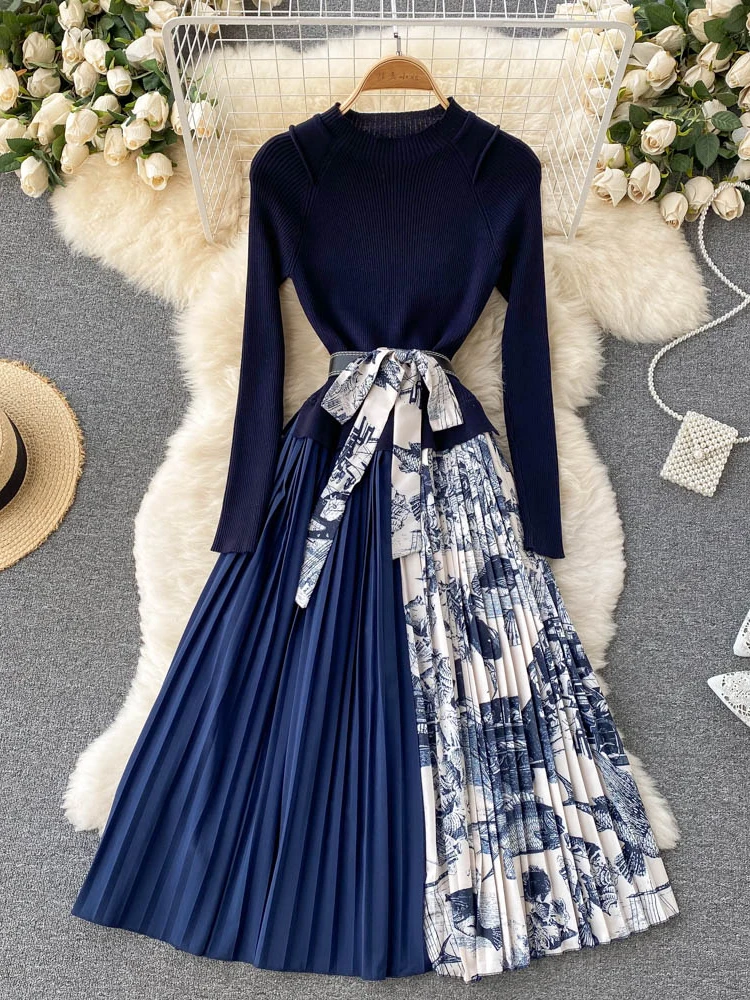 Women Knitted Party Dress Spring Autumn Elegant Long Sleeve Patchwork Vintage Print Pleated Dresses Korean Office Dress
Women Knitted Party Dress Spring Autumn Elegant Long Sleeve Patchwork Vintage Print Pleated Dresses Korean Office Dress