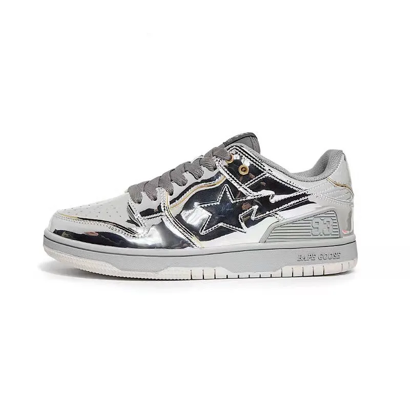 

Bape Goose Sta Sk8 Trend Sneakers Metallic silver Patent leather Skate Men's Women's Shoes