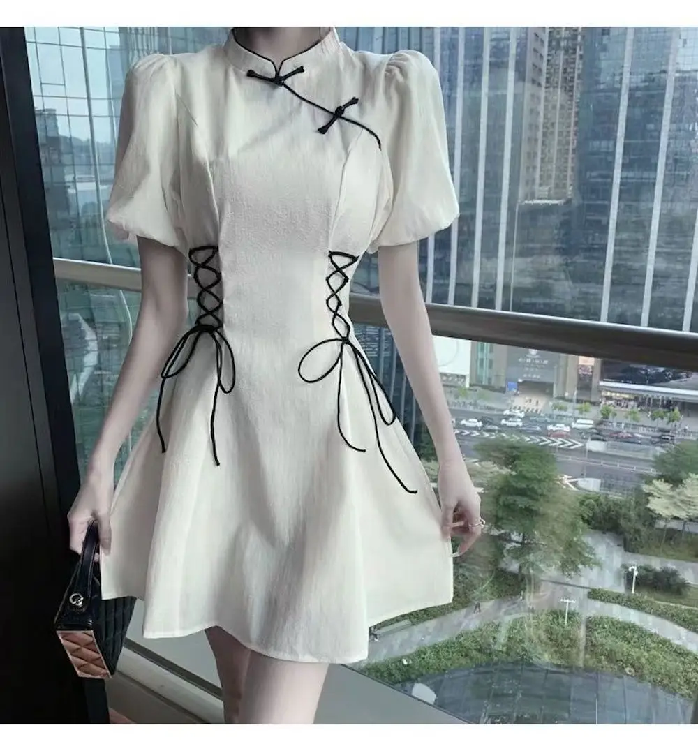 

2023 Summer New Retro National Style Temperament Senior Sense Chinese Improved Cheongsam Collar Binding Bow Dress