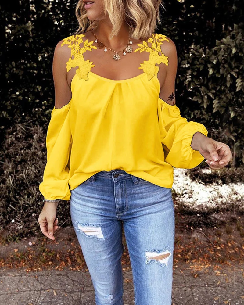 Contrast Lace Cold Shoulder Top Women Solid Color Spring Summer Fashion Casual Hollow Out Blouse Tops T Shirt O Neck
Contrast Lace Cold Shoulder Top Women Solid Color Spring Summer Fashion Casual Hollow Out Blouse Tops T Shirt O Neck
