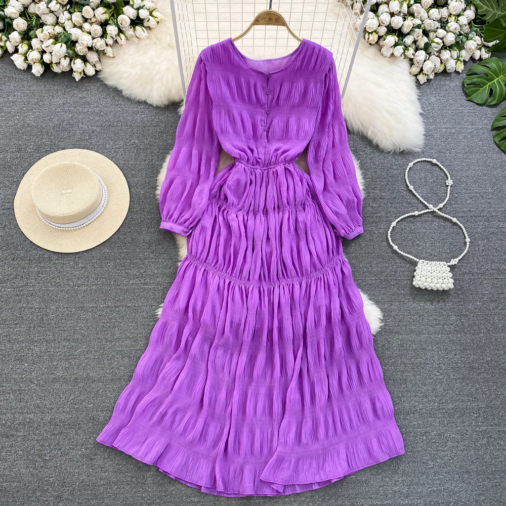 VANOVICH Spring and Summer New Vintage Temperament Long Sleeve O-neck Waist Slim Pleated A-line Dress Long Solid Color Dress
VANOVICH Spring and Summer New Vintage Temperament Long Sleeve O-neck Waist Slim Pleated A-line Dress Long Solid Color Dress