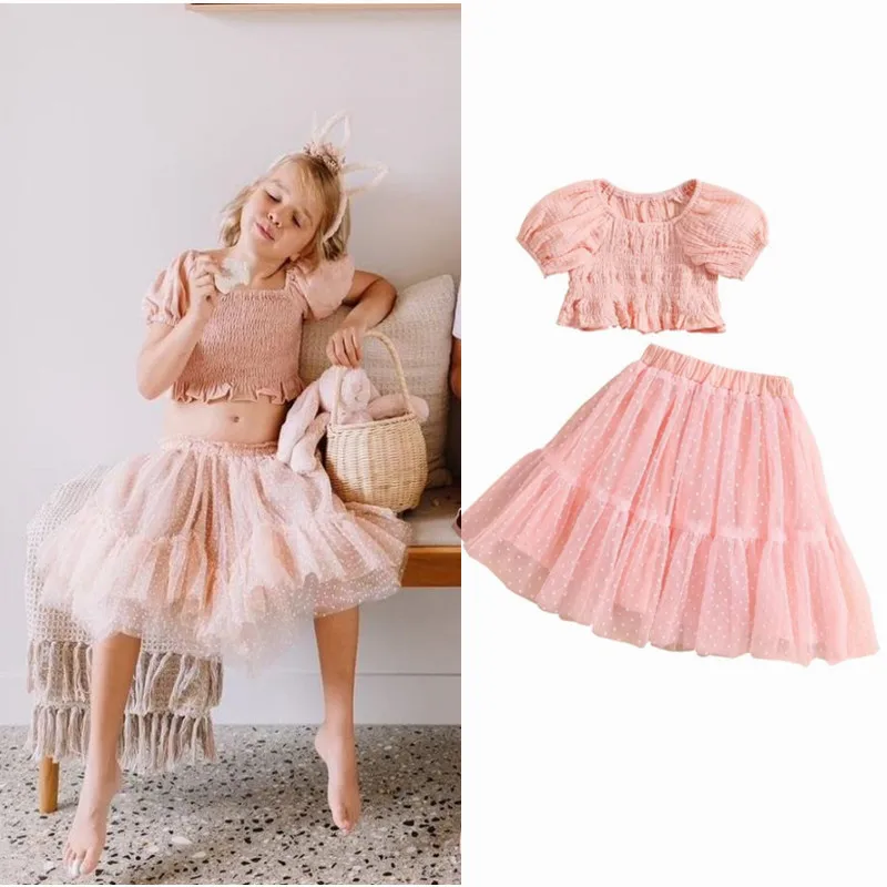 1-6Y Summer Kids Girls Skirt Set Short Sleeve Pleated Crop Top with Dots Tulle Mesh Skirt Fashion Gilrs Children's Sets
1-6Y Summer Kids Girls Skirt Set Short Sleeve Pleated Crop Top with Dots Tulle Mesh Skirt Fashion Gilrs Children's Sets