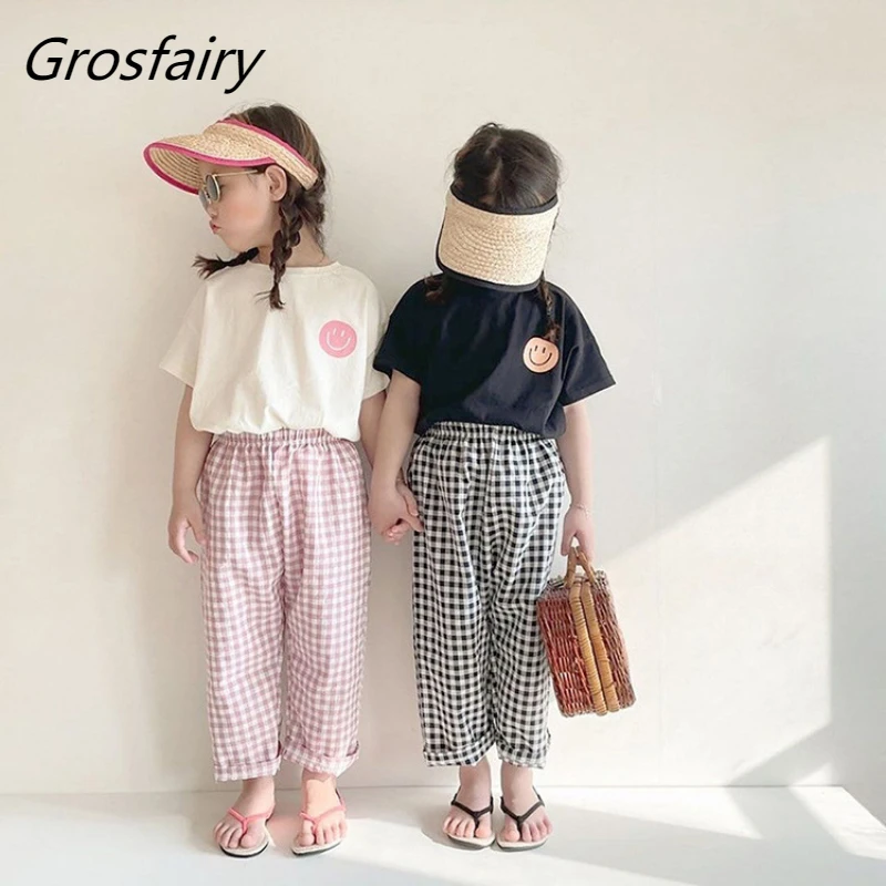 Grosfairy 2022 New Summer Kids Set Thin Smiley T-Shirt + Plaid Trousers Cotton Baby Clothes Girls Tops Children Suit
Grosfairy 2022 New Summer Kids Set Thin Smiley T-Shirt + Plaid Trousers Cotton Baby Clothes Girls Tops Children Suit