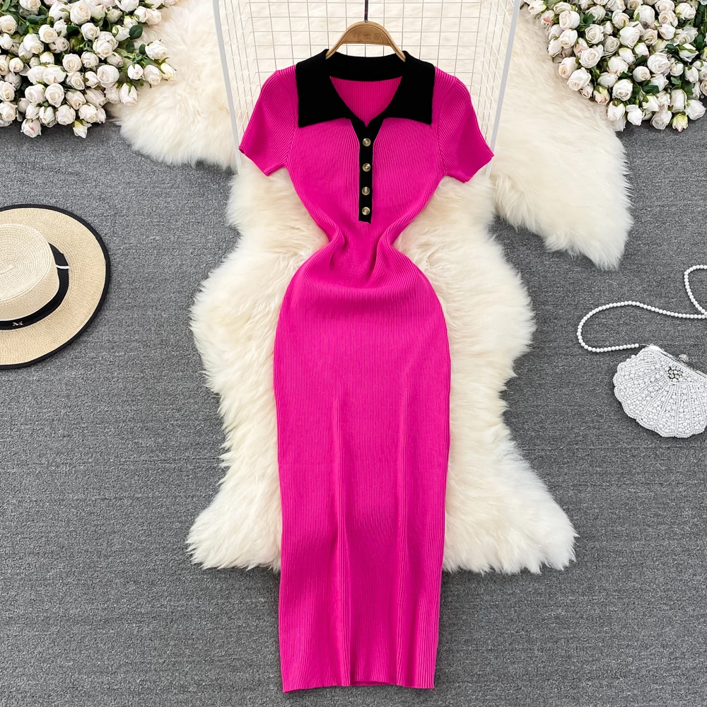 Summer Turn-Down Collar Short Sleeve High Waist Casual Knitted Dress Patchwork Contrast Sexy Night Club Vestidos For Women
Summer Turn-Down Collar Short Sleeve High Waist Casual Knitted Dress Patchwork Contrast Sexy Night Club Vestidos For Women