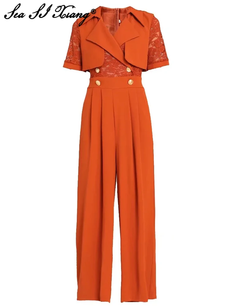 Seasixiang Fashion Designer Summer Jumpsuit Women Turn-down Collar Short Sleeve Lace Patchwork Solid Office Lady Wide Leg Pants
Seasixiang Fashion Designer Summer Jumpsuit Women Turn-down Collar Short Sleeve Lace Patchwork Solid Office Lady Wide Leg Pants