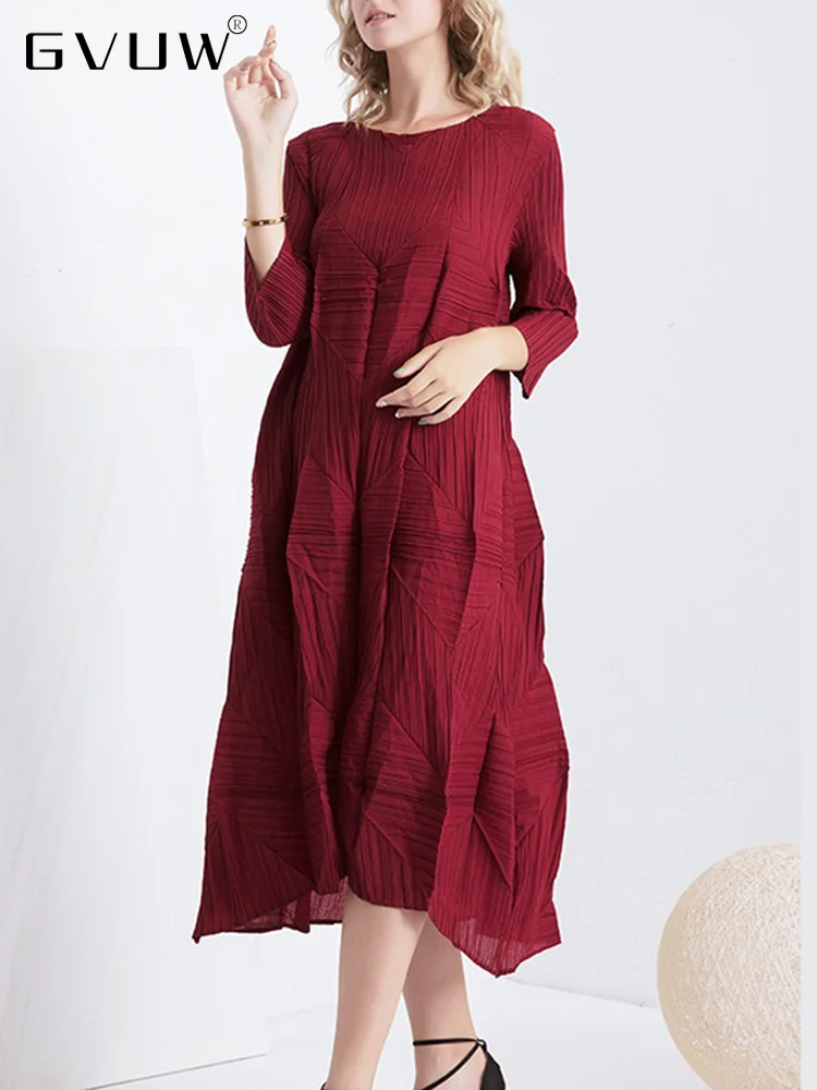 

GVUW Diamonds Plaid Pleated Dress Women 2023 Autumn New O-neck Three Quarter Sleeve Solid Color Female Elegant Clothing 17G1200