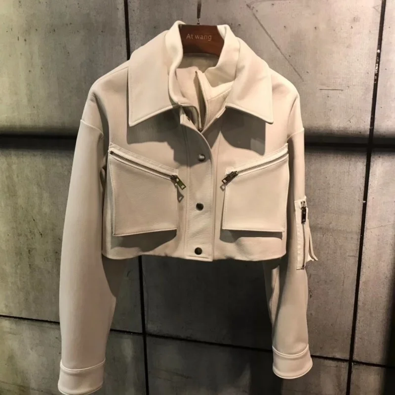 Genuine designer leather jacket, office girl lambskin coat, fine, autumn with pockets, short white clothing
Genuine designer leather jacket, office girl lambskin coat, fine, autumn with pockets, short white clothing