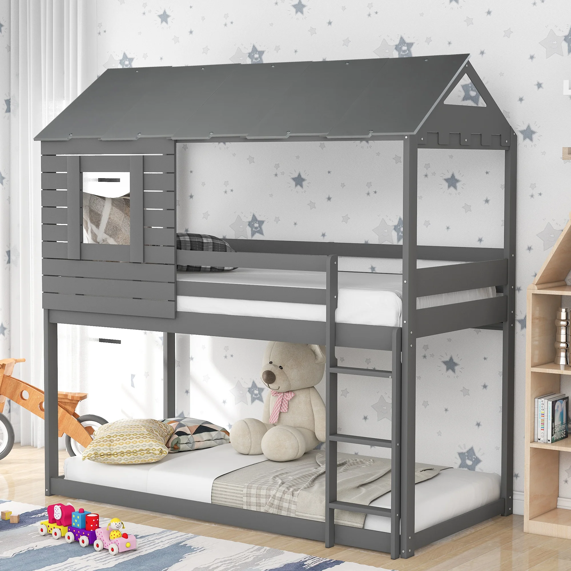 Twin Over Twin Bunk Bed Wood Loft Bed with Roof, Window, Guardrail, Ladder (Gray)
Twin Over Twin Bunk Bed Wood Loft Bed with Roof, Window, Guardrail, Ladder (Gray)