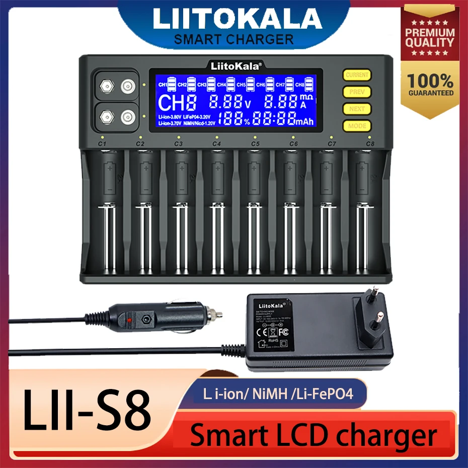 LiitoKala Lii-S8 Lii-PD4 Li-ion 3.7V NiMH 1.2V Li-FePO4 3.2V IMR 3.8V for 18650 26650 21700 26700 18350 AA AAA Battery Charger
LiitoKala Lii-S8 Lii-PD4 Li-ion 3.7V NiMH 1.2V Li-FePO4 3.2V IMR 3.8V for 18650 26650 21700 26700 18350 AA AAA Battery Charger