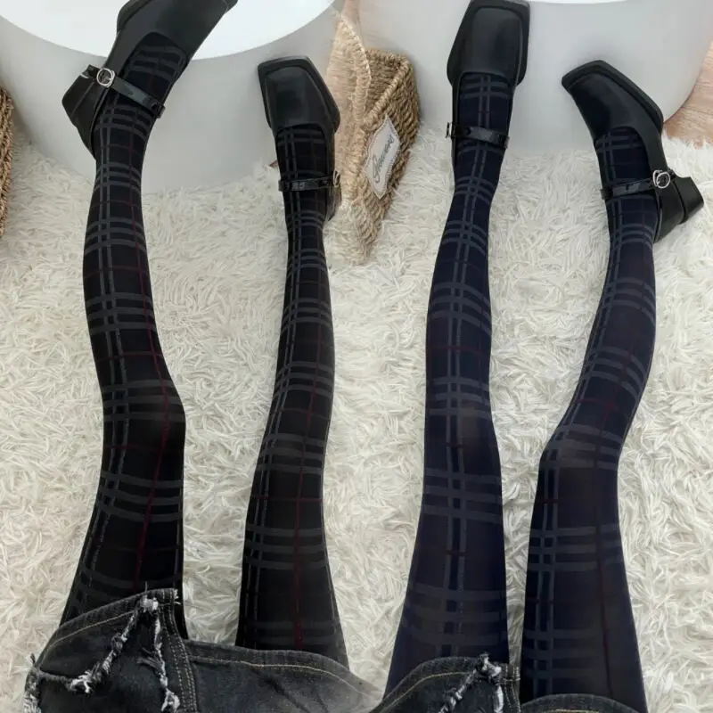 

Spring Autumn 80d Academy Style Stockings Kawaii Cute Girl Plaid Tights British Retro JK Velvet Checkered Socks Lolita Pantyhose